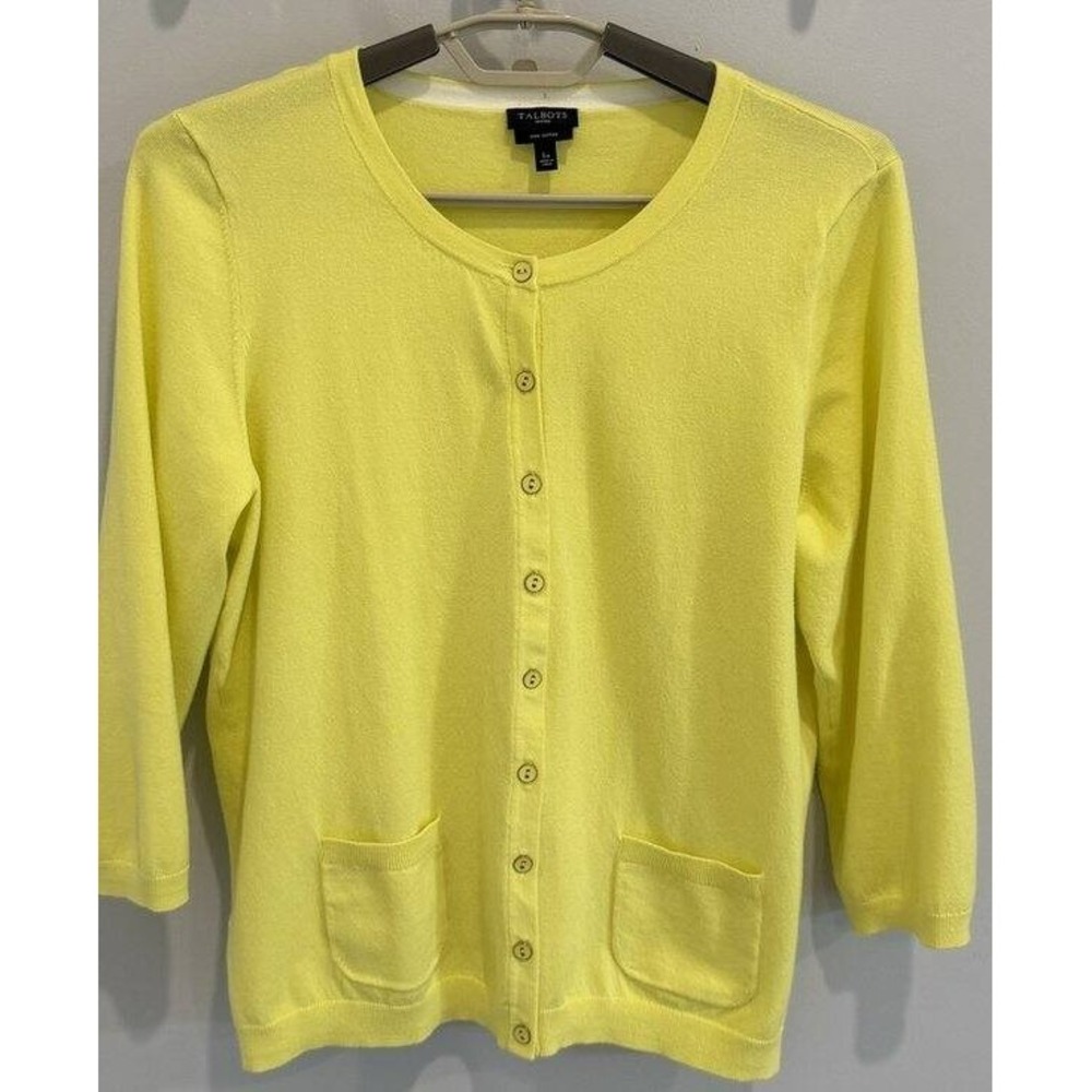 Talbots Petites Pima Cotton Cardigan Sweater Lemon Lime Button Front 3/4 Lp